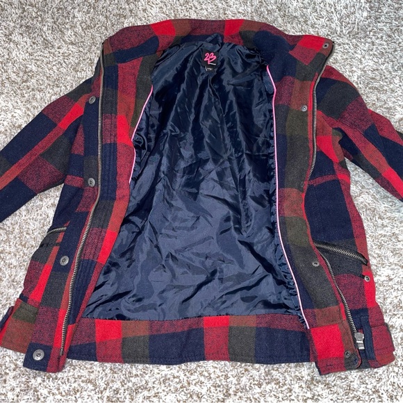 2B BEBE RED CHECKER PLAID Thick Zip Up Button Down Jacket Size Small - Picture 6 of 11